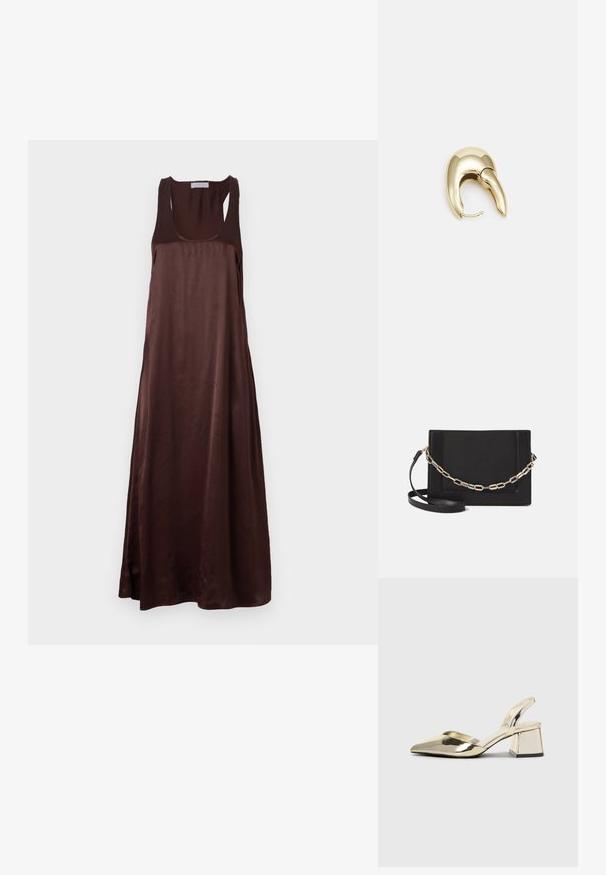 Bruine mouwloze maxi-jurk van gladde stof, met een ronde halslijn en een ontspannen silhouet met een zijsplit voor gemakkelijke beweging.; Gouden, metalen slingback hakken met een spitse neus en een chunky hak. Glad oppervlak, minimalistisch ontwerp en een smalle band.; Zwarte leren schoudertas met een gladde textuur, rechthoekige vorm en een metallic kettingdetail aan de voorkant. Verstelbare schouderband inbegrepen.; Gouden metalen oorbel met een slank, gebogen ontwerp. Beschikt over een kenmerkende puntige vorm, gepolijste oppervlakte en scharnier sluiting.