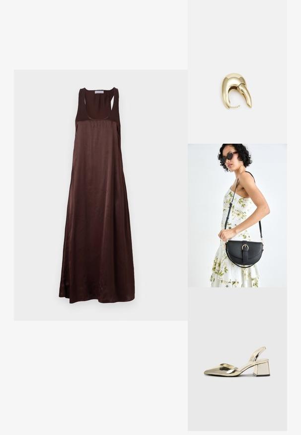 Brūns bezpiedurkņu maksi kleita gludā audumā, ar apaļu kakla izgriezumu un brīvu siluetu, ar sānu šķēlumu ērtākai kustībai.; Zeltaini, metāla kurpes ar siksniņām, norakans purngalis un masīla papēdis. Gluda tekstūra, minimālisma dizains un šaura siksna.; Melnas ādas rokassoma ar izliekta formu, noņemamu siksnu un zelta aksesuāriem. Somai ir vāciņš ar sprādzes detaļu.; Zeltīti metāla auskari ar gludu, izliekta dizaina. Ar atšķirīgu smailu formu, pulētu virsmu un eņģu aizdari.