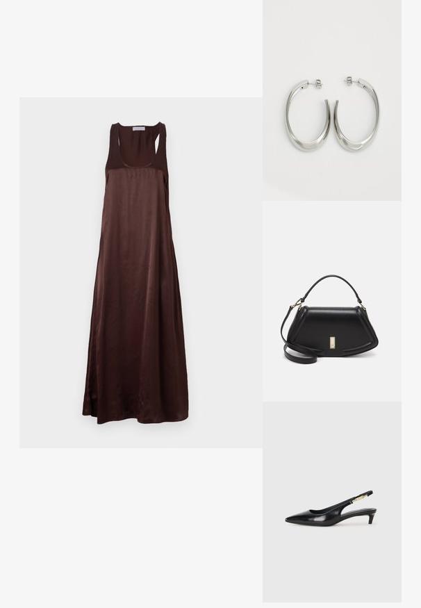 Brown sleeveless maxi dress in smooth fabric, featuring a scoop neckline and relaxed silhouette with side slit for ease of movement.; Black leather slingback heels with a pointed toe, featuring a slim heel and a gold-tone accent on the adjustable strap. Smooth texture.; Black leather handbag with a structured design, featuring a cropped shape, top handle, and gold hardware accent. Adjustable shoulder strap included.; Silver hoop earrings with a smooth, curved design. Features a shiny metallic finish and stud closure. No visible patterns or accents.