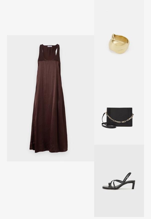 Robe maxi sans manches couleur marron en tissu lisse, avec un décolleté plongeant et une silhouette décontractée, dotée d'une fente latérale pour un meilleur confort de mouvement.; Sandale noire à lanières avec un bout carré et un petit talon bloc. Elle présente plusieurs fines lanières et une sangle de cheville ajustable. Fabriquée en cuir lisse.; Sac bandoulière en cuir noir avec une texture lisse, de forme rectangulaire et un détail en chaîne métallique à l'avant. Sangle réglable incluse.; Bague couleur or avec un design lisse et torsadé. Présente une surface brillante et des bords arrondis, créant une forme fluide et homogène.