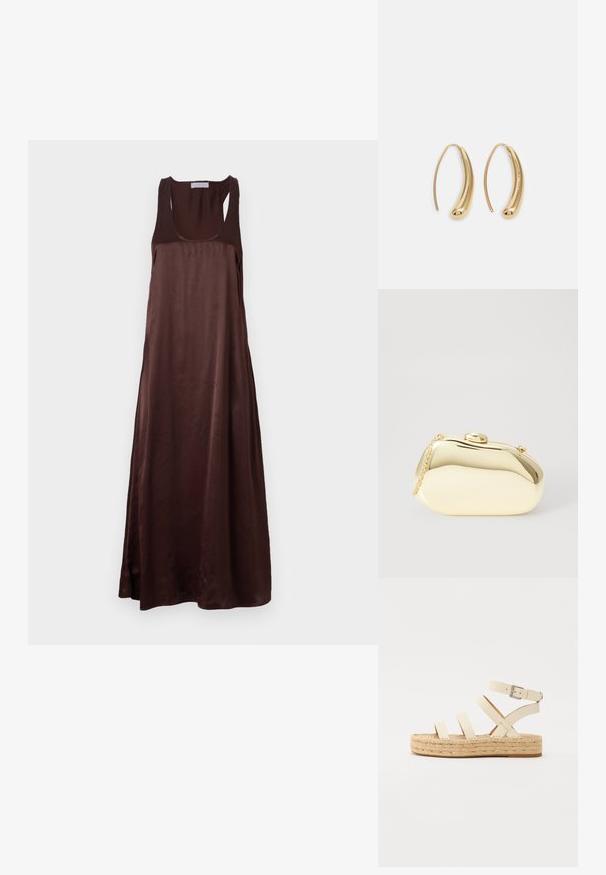 Brown sleeveless maxi dress in smooth fabric, featuring a scoop neckline and relaxed silhouette with side slit for ease of movement.; Light beige leather espadrille sandal with four cross straps and an ankle buckle, featuring a woven jute platform sole and flat rubber bottom.; Metallic gold clutch with a smooth, rounded shape, featuring a top button clasp and a small chain strap for carrying.; Gold-tone metal hoop earrings with a curved, elongated shape. Features a smooth, shiny surface and a rounded tip for added detail.