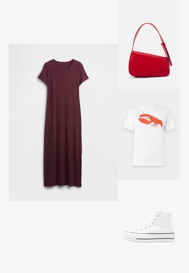 Robe longue bordeaux en tissu doux, avec des manches courtes, un col rond et une coupe droite avec des fentes latérales.; T-shirt en coton blanc avec un grand graphisme de homard rouge vif sur le devant. Manches courtes et design à col rond standard.; Baskets montantes en toile blanche avec semelle en caoutchouc noir, capuchon en caoutchouc à l'avant, et six œillets pour les lacets, présentant un design épuré et minimaliste.; Sac à main en cuir rouge avec un design angulaire et géométrique. Il dispose d'une seule sangle ajustable et d'une fermeture à rabat avec un detailing cousu.