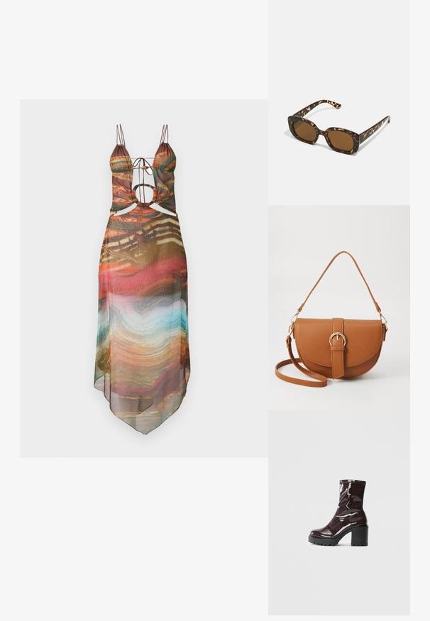 Több színű áttetsző ruha állítható pántokkal, kivágott részletekkel és lebegő szegéllyel. Absztrakt minta meleg tónusokkal és türkiz kiegészítőkkel.; Fényes bordó bokacsizma vastag fekete sarokkal, sima felülettel és egyszerű dizájnnal. Nincsenek látható zárak vagy minták.; Teknősbéka mintázatú napszemüveg kerek, vastag kerettel és barna lencsékkel. Finom mintázattal és egyenes, keskenyedő szárakkal rendelkezik.; Barna bőr keresztbody táska ívelt formával, aranyszínű fémrészekkel és csat díszítéssel. Levehető vállpánttal rendelkezik.