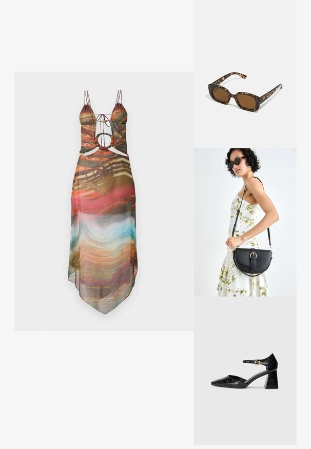 Több színű áttetsző ruha állítható pántokkal, kivágott részletekkel és lebegő szegéllyel. Absztrakt minta meleg tónusokkal és türkiz kiegészítőkkel.; Fekete lakkbőr magassarkú cipő hegyes orral, bokapánttal és texturált krokodilmintával. Négyzet alakú blokk sarok kialakítás.; Teknősbéka mintázatú napszemüveg kerek, vastag kerettel és barna lencsékkel. Finom mintázattal és egyenes, keskenyedő szárakkal rendelkezik.; Fekete bőrtáska ívelt formával, levehető pánttal és arany színű fémrészekkel. A táskán egy csattal díszített fedél található.