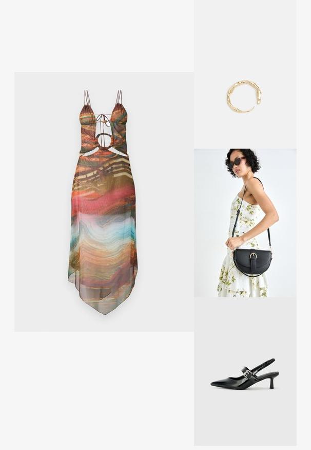 Višebojna prozirna haljina s podešivim trakama, izrezima i lepršavim rubom. Apstraktni uzorak uključuje tople tonove i akcentne tirkizne nijanse.; Crne lakirane slingback potpetice s oštrim prstom i malom blok petom, s naglaskom na srebrnoj kopči na remenu.; Crna kožna torba s lukovitim oblikom, odvojivim remenom i zlatnim detaljima. Torba ima preklop s kopčom.; Prsten u zlatnoj nijansi s organskim, uvijenim dizajnom, glatkom teksturom i suženim krajevima, koji stvara moderan, skulpturalni izgled.