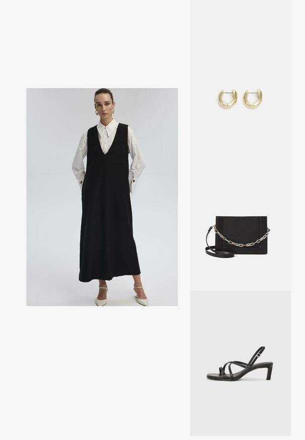 Woman wearing a long black sleeveless dress over a white shirt with large cuffs and gold buttons, paired with white pointed heels.; Black strappy sandal with a square toe and a low block heel. Features multiple thin straps and an adjustable ankle strap. Made of smooth leather.; Black leather crossbody bag featuring a smooth texture, rectangular shape, and a metallic chain detail on the front. Adjustable strap included.; Gold-tone hoop earrings with a smooth, polished finish. Features a half-circle shape and a secure post closure.