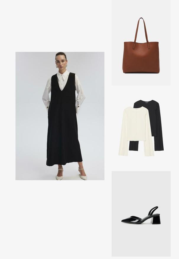 Naine kannab pikakat musta ilma varrukat kleiti valge särgi peal, millel on suured mansetid ja kuldsed nööbid, kombineerituna valgete teravate kontsadega.; Kaksik Eri pikkusega valge ja musta värvi pikkade varrukatega topsi. Ribikstruktuur, ümar kaelus, lihav disain, veidi laienevate varrukatega.; Mustad musta lakknahk kingad, millel on terav varvas ja geomeetriline plokkkonts. Omab elegantselt minimalistlikku disaini ja sujuvat tekstuuri.; Pruun nahast tote-kott, millel on sile tekstuur, avatud ülaosa disain ja kaks õlarihma. Omab minimaalset õmblust ja nähtavat riistvara ei ole.