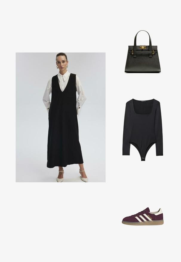 Femme portant une longue robe sans manches noire sur une chemise blanche avec de larges poignets et des boutons dorés, associée à des escarpins blancs pointus.; Body noir à manches longues avec décolleté carré et fermetures à pression à l'entrejambe, posé à plat sur un fond blanc.; Baskets en suède bordeaux avec trois bandes blanches et accents beige. Elles possèdent une semelle en caoutchouc texturé et un logo doré sur le côté.; Sac fourre-tout noir texturé avec poignées courtes, présentant un fermoir et des accents dorés. Le design est structuré, avec une silhouette géométrique.