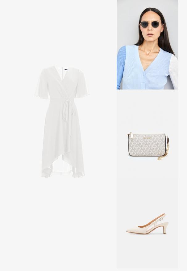 Weißes Wickelkleid mit kurzen, schwingenden Ärmeln, V-Ausschnitt und gebundenem Taillengürtel. Transparenter Stoff fällt asymmetrisch bis zur Mitte der Wade.; Weiße Slingback-Absätze mit spitzer Zehenpartie, glattem Obermaterial, niedrigem Blockabsatz und seitlichem Ausschnitt-Design mit verstellbarem Schnallenriemen.; Runde Sonnenbrillen mit dunklen Gläsern und goldenen Rahmen. Das Modell trägt eine hellblaue, gerippte Strickjacke mit Knöpfen und weißen Kontrastärmeln.; Michael Kors Clutch in beige beschichtetem Canvas mit einem wiederholten MK-Logo-Muster, goldfarbener hardware und einem abnehmbaren Kettenriemen.