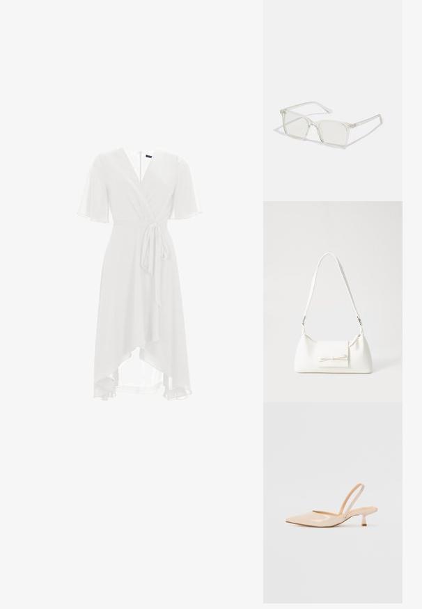 Vestido branco envolvente com mangas curtas em babados, decote em V e cintura com laço. O tecido translúcido cai assimetricamente até a altura da metade da panturrilha.; Saltos slingback em couro sintético bege com bico apontado e um salto quadrado fino. Textura suave e design minimalista sem embellishments.; Óculos quadrados de plástico transparente com lentes translúcidas, apresentando detalhes em dourado nas hastes.; Mala sintética branca com formato triangular, aba frontal plana e detalhe de laço, alça ajustável, textura suave e design minimalista.