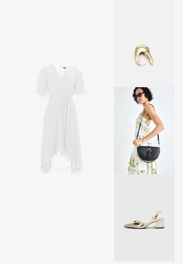 Valge mähkmeid dress, kus on lühikesed lehvivad varrukad, V-kaelus ja sidumisvöö. Üksikasjalik kangas langeb asümmeetriliselt keskmise sääre pikkuseni.; Kuldne, metallilised slingback-kudumid terava varba ja paksu kontsaga. Sile tekstuur, minimalistlik disain ja kitsas rihm.; Mustmust mustraha kõverate joontega, eemaldatava rihmaga ja kuldsete detailidega. Kotil on klapp, millel on pandladetail.; Kuldtooni metallist kõrvarõngas, millel on elegantne ja kaarjas disain. Omab silmapaistvat teravat kuju, poleeritud pinda ja hingesulgemist.