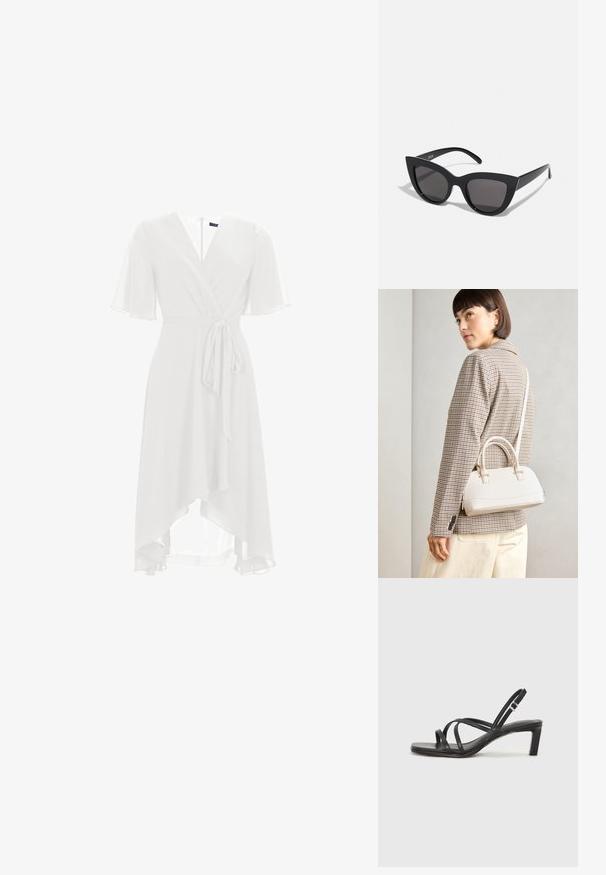 Bijela haljina s kratkim lepršavim rukavima, V-izrezom i pojasom na vezanje. Prozirna tkanina pada asimetrično do dužine sredine lista.; Crne sandale s trakama, kvadratnim prstom i niskom blok petom. Ima više tankih trakica i podesivu trakicu oko gležnja. Izrađene su od glatke kože.; Crne mačkaste sunčane naočale s mat završnom obradom, sivo obojeni leće, oštri kutovi i elegantne bočne ručke. Ime brenda vidljivo na unutrašnjoj strani ručke.; Bijela strukturna torba s kratkim ručkama i remenom za rame, s zlatnim metalnim detaljima i teksturiranim materijalom, prikazana na sivoj pozadini.