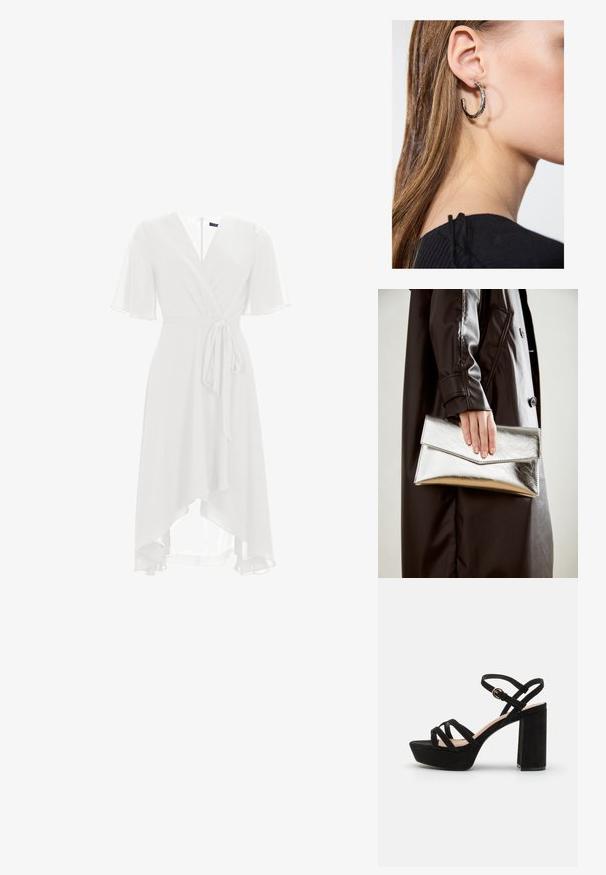 Valge mähkmeid dress, kus on lühikesed lehvivad varrukad, V-kaelus ja sidumisvöö. Üksikasjalik kangas langeb asümmeetriliselt keskmise sääre pikkuseni.; Mustadest sametist platvormsandaalid, millel on plokknina, ristuvad rihmad ja lukustatav pahkluu rihm turvaliseks sobivuseks.; Hõbedane metallist kott, millel on nurkne ümbriku disain, sile tekstuur ja kontrastne sisekuju, hoituna musta jope käes.; Hõbedane rõngas kõrvarõngas poleeritud viimistlusega, millel on väikesed kuldsed aktsendid ja ümmargune kuju, kantud lobus.