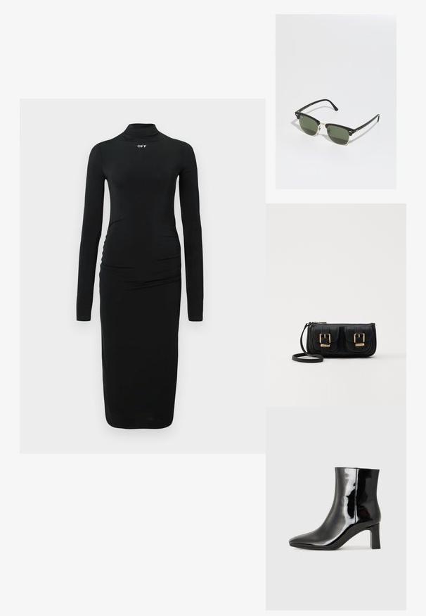 Črna obleka z dolgimi rokavi in lažnim turtleneckom, ki ima nabran stranski detajl in bel logotip "OFF" na prsih, izdelana iz gladkega materiala.; Črne lakirane gležnjarje z ošiljenim nosom in srednje visokim blokastim peto. Gladka tekstura in minimalističen dizajn.; Črne in zlate sončne očala z zelenimi lečami, v obliki mačjih oči, z kovinskimi detajli in teksturiranim okvirjem.; Črna usnjena torbica čez ramo z dvema sprednjima žepoma, zlatimi zaponkami, zadrgo in ozkim pasom. Tekstura površine je strukturirana, obliko pa ima kompaktno pravokotno.
