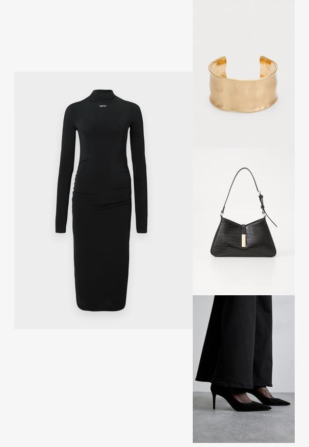 Czarna sukienka z długim rękawem i półgolfem, z marszczonymi detalami po bokach oraz białym logo "OFF" na piersi, uszyta z gładkiego materiału.; Czarne zamszowe szpilki z ostrymi noskami, noszone z czarnymi szerokimi spodniami, charakteryzują się eleganckim designem i subtelnym połyskiem.; Czarna torebka na ramię z materiału imitującego skórę krokodyla, posiadająca trójkątny kształt, cienki pasek na ramię oraz złote akcenty sprzętowe na środku.; Złocona bransoletka na nadgarstek o gładkiej, falistej powierzchni, z teksturowanym wnętrzem i otwartym wzornictwem, tworzy organiczny kształt.