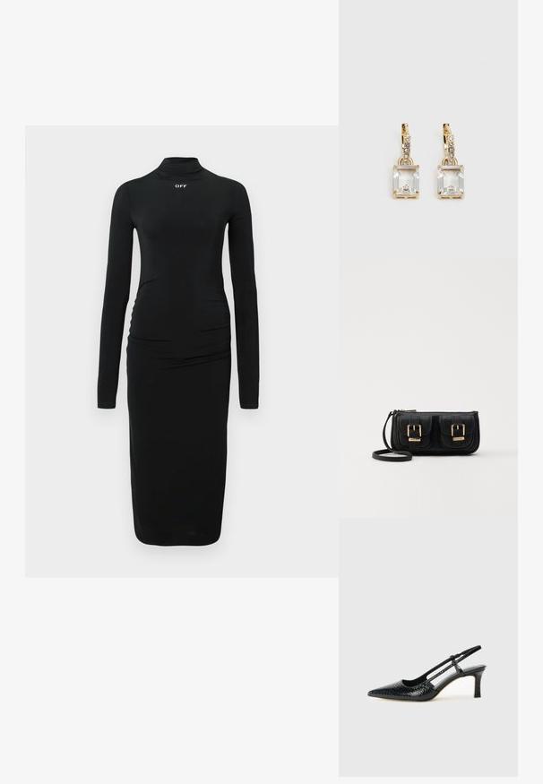 Juodas ilgas suknelė su imitaciniu aukštu kaklu, su raukšlėmis šonuose ir baltu "OFF" logotipu krūtinėje, pagaminta iš lygaus audinio.; Juodai lakuoti slingback aukštakulniai su smailiu nosiu, su tekstūruotu gyvatės raštu, reguliuojama juosta ir trumpu, tekstūruotu blokiniu kulnu.; Juodas odinis per petį nešiojamas krepšys su dviem priekiniais kišenėmis, auksiniais sagtimis, užtrauktuko uždarymu ir siauromis petnešomis. Textūruota paviršius ir kompaktiškas stačiakampis formatas.; Auksinės spalvos auskarai, kuriuose yra stačiakampis, skaidrus kristalas, kabantis po eile mažų, apvalių skaidrių akcentų. Šiuolaikiškas, modernus dizainas.