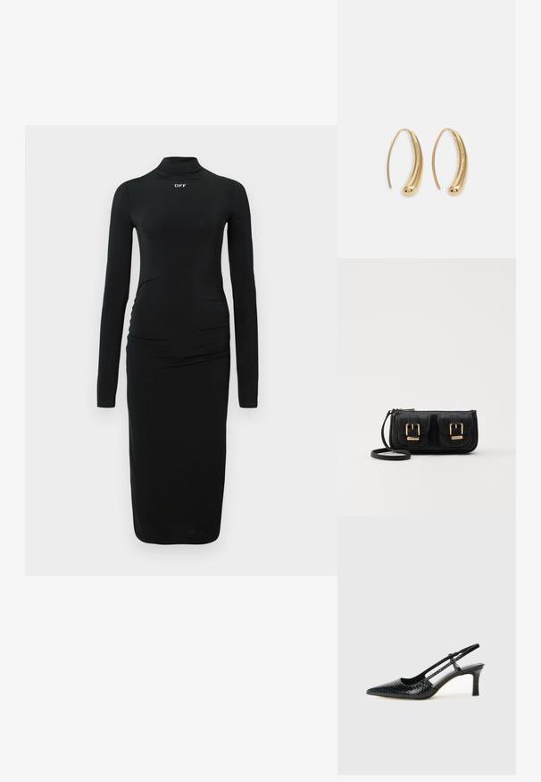 Černé šaty s dlouhým rukávem a krátkým stojáčkem, s nařasenými detaily po stranách a bílým logem "OFF" na hrudi, vyrobené z hladkého materiálu.; Černé lakované slingback podpatky s špičatou špičkou, zdobené texturovaným hadím vzorem, nastavovacím páskem a krátkým texturovaným blokovým podpatkem.; Černá kožená crossbody taška se dvěma předními kapsami, zlatými přezkami, zipovým uzávěrem a štíhlým popruhem. Texturovaný povrch a kompaktní obdélníkový tvar.; Náušnice ve tvaru kruhu z pozlaceného kovu s vroubkovaným, prodlouženým tvarem. Mají hladký, lesklý povrch a zaoblený konec pro zvýraznění detailu.