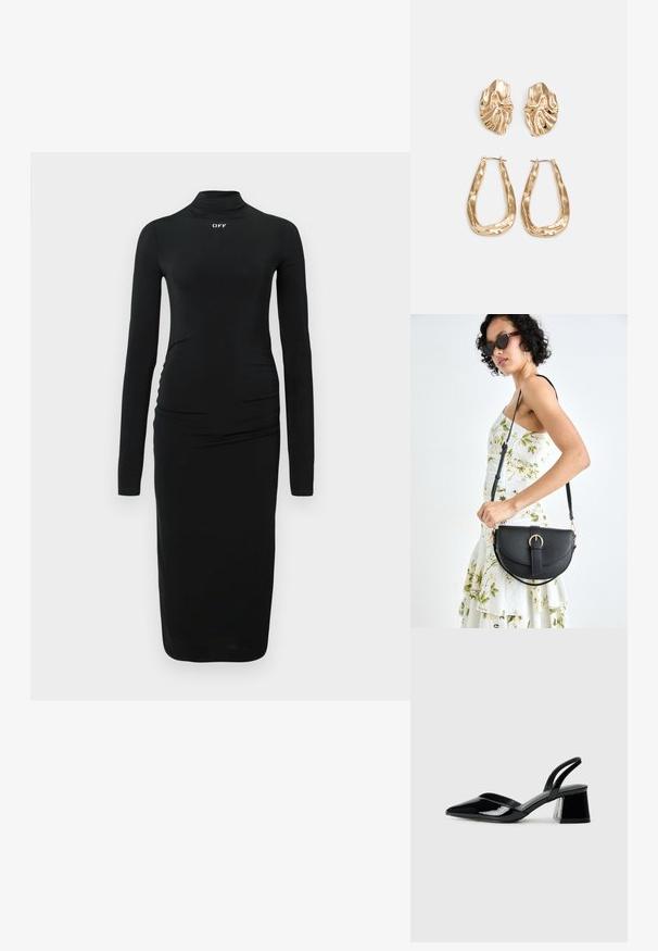 Černé šaty s dlouhým rukávem a krátkým stojáčkem, s nařasenými detaily po stranách a bílým logem "OFF" na hrudi, vyrobené z hladkého materiálu.; Černé lakované kožené lodičky na pásku s špičatou špičkou a geometrickým blokovým podpatkem. Vyznačují se elegantním, minimalistickým designem a hladkým povrchem.; Černá kožená kabelka s křivkovým tvarem, odnímatelným popruhem a zlatými detaily. Kabelka má klopu s přezkou.; Náušnice ve zlatém tónu s texturovanými, vlnitými tvary. Obsahují sochařské klipy a design otevřeného kruhu s kladivkovým povrchem.