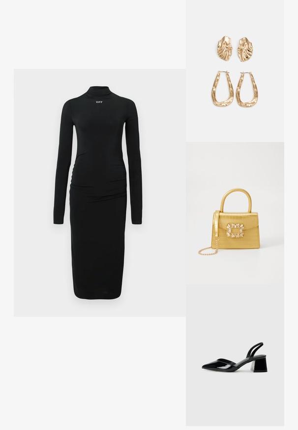 Rochie neagră cu mâneci lungi și guler înalt fals, având detalii pliate pe laterale și un logo alb "OFF" pe piept, fabricată dintr-un material neted.; Pantofi cu toc slingback din piele lacuită neagră, cu vârf ascuțit și toc geometric. Prezintă un design elegant, minimalist și o textură netedă.; Geantă galbenă din faux-crocodil cu un design structurat, mână superioară, curea detașabilă cu lanț și embellisment decorativ cu cristale pe închidere.; Cercei aurii cu forme texturate și ondulate. Include studs sculpturale cu clip și un design de cerc deschis cu un finisaj cioplit.