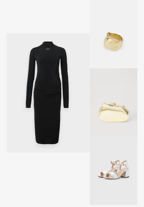 Must mustärmiga kleit, millel on vale kõrge krae, külgedel on volditud detailid ja rinnal valge "OFF" logo, valmistatud siledast kangast.; Hõbedased kõrged kontsad avatud varvastega, millel on kaks laia rihma ja ümar plokknina. Sile tekstuur metallikviimistlusega.; Kuldne metallist käekott sujuva, ümarate kujude ning ülemise nupuvajutusega kinnitusega. Koti küljes on väike kett, et oleks mugav kanda.; Kuldne sõrmus, millel on sujuv, keerdunud disain. Omab poleeritud pinda ja ümarat serva, luues sujuva ja voolava kuju.