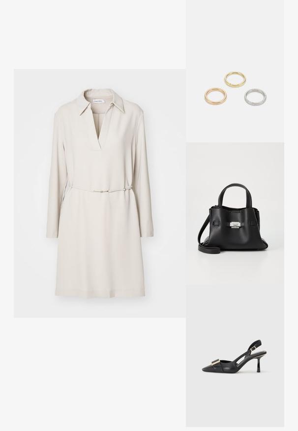 Calvin Klein STRUCTURE - Päevakleit - sand pebble; Must musta slinga-seljak, terav varvas, peen kont ja kuldse tooni aksessuaar vampiiril. Sile tekstuur ja struktureeritud disain.; Mustmust kott, millel on tekstuuriga viimistlus, sisaldab kahte ülemist kättehaaret, eemaldatavat õlarihma ja hõbedast luku detaili.; Kolme metallist rõngast: üks roosa kuld, üks kuld tekstuursete aktsentidega ja üks hõbe, kõik sisepoolt graveeritud brändinguga.