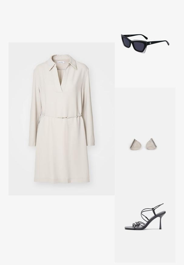 Calvin Klein STRUCTURE - Kasdienė suknelė - sand pebble; Juodos aukštakulnės sandalai pasižymi plonyčiais dirželiais su mazgo dizainu, lygiu kvadratiniu pirštu ir elegantišku stiletto kulnu.; Juodos didelės saulės akinių su geometrine forma, turinčiais tamsius objektyvus ir kontrastingą pilką detalę ant rėmelio. Logotipas ant šalon.; Sidabriniai metaliniai auskarai su lygiu, ašaros formos dizainu ir blizgiu paviršiumi. Subtilūs raižiniai prideda detalumo. Minimalistinis dizainas.