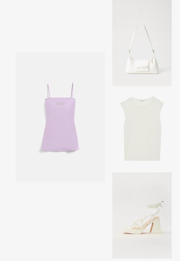 Liliowy top na ramiączkach, z cienkimi paskami, z napisem "Juicy" w metalicznym stylu na wysokości klatki piersiowej, wykonany z miękkiego, gładkiego materiału.; Biała bezrękawnik z okrągłym dekoltem. Wykonana z gładkiego materiału, ma luźny krój i minimalistyczny design. Bez wzorów ani akcentów.; Biała sandał na wysokim obcasie z masywnym słupkiem, z paskowym wzorem i wiązaniem przy kostce. Gładka faktura z platformą z przodu dla dodatkowej wysokości.; Biała syntetyczna torba o trójkątnym kształcie, płaskim przednim klapce i detalach w postaci kokardy, regulowanym pasku, gładkiej fakturze oraz minimalistycznym designie.