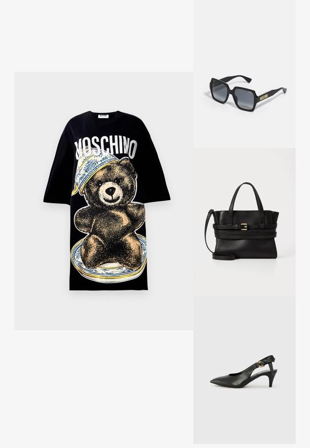 Tricou oversized negru cu un grafic mare al unui urs pe un platou cu margine albastră cu model. "Moschino" imprimat cu litere albe îndrăznețe deasupra.; Pantofii slingback din piele neagră, cu vârf ascuțit, toc mic și detaliu cu cataramă pe brățara gleznei. Textură netedă, design minimalist.; Ochelari de soare pătrați negri cu lentile gri cu gradient; prezintă accente subtile și brandul "MOSCHINO" inscriptionat în galben pe braț.; Geantă de mână din piele neagră cu un design structurat, mânere superioare duale, curea detașabilă și accente din aur pe o bandă orizontală.