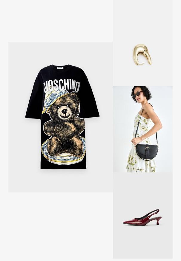 Schwarzes, oversized T-Shirt mit einem großen Grafikmotiv eines Bären auf einem Teller mit einem blauen gemusterten Rand. "Moschino" in großen weißen Buchstaben darüber gedruckt.; Burgunderfarbene Lackleder Slingback-Absätze mit spitzem Zehenbereich und schlankem Stiletto-Absatz. Offenes Rückendesign mit verstellbarem Knöchelriemen.; Schwarze Lederhandtasche mit geschwungener Form, abnehmbarem Tragegurt und goldenen Beschlägen. Die Tasche verfügt über einen Deckel mit einer Schnallen-Details.; Ohrringe aus goldfarbenem Metall mit einem schlanken, geschwungenen Design. Sie verfügen über eine markante, spitze Form, eine polierte Oberfläche und einen Scharnierverschluss.