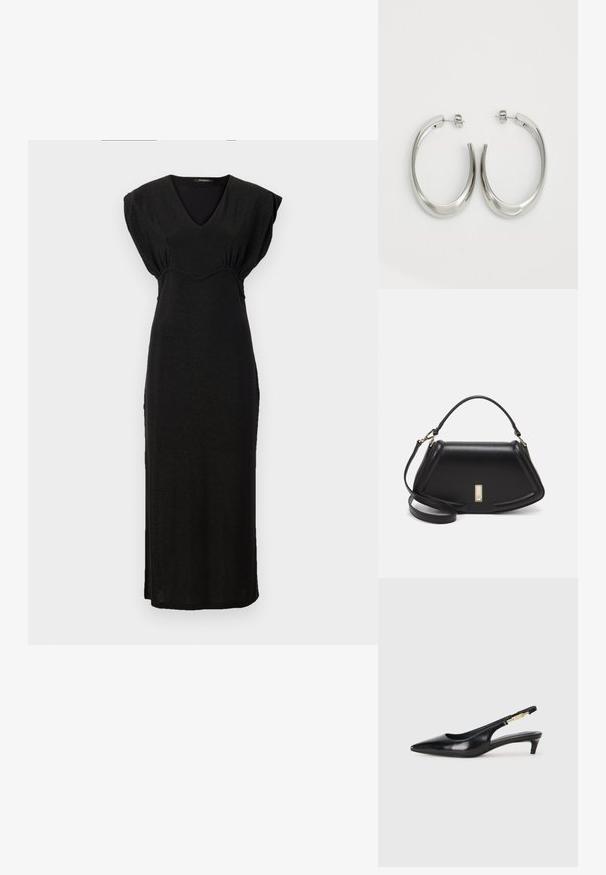 Black sleeveless maxi dress with a V-neck and gathered detailing at the waist. Made from a smooth, slightly shimmering fabric.; Black leather slingback heels with a pointed toe, featuring a slim heel and a gold-tone accent on the adjustable strap. Smooth texture.; Black leather handbag with a structured design, featuring a cropped shape, top handle, and gold hardware accent. Adjustable shoulder strap included.; Silver hoop earrings with a smooth, curved design. Features a shiny metallic finish and stud closure. No visible patterns or accents.