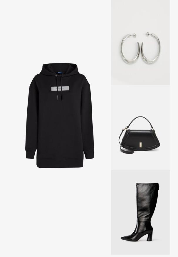 Svart huvtröja i bomullsblandning med en rektangulär vit logotyp-klistermärke på bröstet och justerbara snören vid huvan.; Knä-höga svarta läderstövlar med spetsig tå, slät yta och kraftig klack. Har en dragkedjedetalj på baksidan.; Svart läderhandväska med en strukturerad design, som har en avskuren form, ett handtag upptill och guldiga detaljer. Justerbar axelrem ingår.; Silverfärgade hoopsörhängen med en slät, böjd design. Har en glänsande metallisk yta och ett stiftlås. Inga synliga mönster eller detaljer.