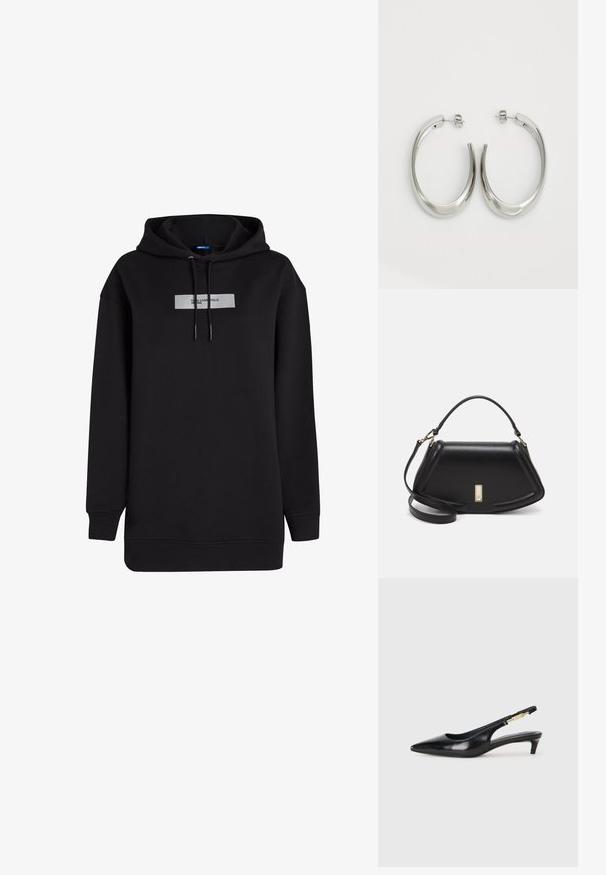 Musta huppari, jossa on puuvillasekoitetta, kauluksessa suorakaiteen muotoinen valkoinen logo-patch rintakehällä ja nyörikiinnitykset huppuosassa.; Mustat nahkaiset slingback-korkokengät, joissa on terävä kärki, ohuet korot ja kultasävytteinen yksityiskohta säädettävässä hihnassa. Silkkinen pinta.; Mustalla nahkalaukulla, jossa on jämäkkä muotoilu, lyhyt malli, yläkahva ja kultaiset yksityiskohdat. Säädettävä olkahihna sisältyy.; Hope hopeista, joissa on sileä, kaareva muotoilu. Varustettu kiiltävällä metallipinnoitteella ja nappikiinnityksellä. Ei näkyviä kuvioita tai koristeluja.