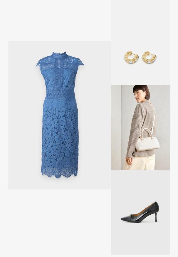 Modra čipkasta obleka z visokim ovratnikom, kratkimi rokavi, cvetličnimi vzorci in obliko robu z valovitim zaključkom. Izpostavljene zapletene čipkaste podrobnosti.; Črne lakirane visoke pete z ostrim nosom, dekorativnim trakastim detajlom spredaj in tankim stiletto peto.; Bela strukturirana torba z kratkimi ročaji in naramnim trakom, z zlatimi okrasnimi elementi in teksturiranim materialom, prikazana na sivi podlagi.; Zlati uhani v obliki obroča z teksturiranim dizajnom in tremi prozornimi kristalnimi poudarki na eni strani, ki ponujajo sodoben geometrijski estetski videz.
