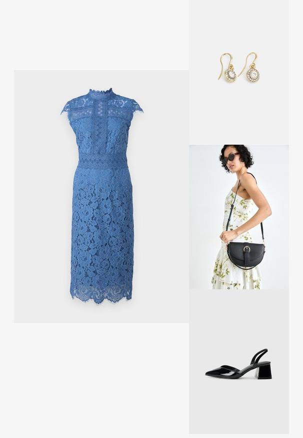 Modrá krajková šaty se zvýšeným výstřihem, krátkými rukávy, květinovými vzory a vlnitým designem lemování. Zesílené složité krajkové detaily.; Černé lakované kožené lodičky na pásku s špičatou špičkou a geometrickým blokovým podpatkem. Vyznačují se elegantním, minimalistickým designem a hladkým povrchem.; Černá kožená kabelka s křivkovým tvarem, odnímatelným popruhem a zlatými detaily. Kabelka má klopu s přezkou.; Náušnice ve zlatém tónu s oválnými průhlednými krystaly obklopenými menšími průhlednými kameny, se zapínáním na háček pro bezpečné nošení.