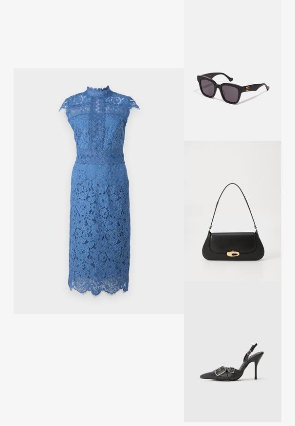 Μπλε δαντελένιο φόρεμα με ψηλή λαιμόκοψη, μανίκια τύπου καπάκι, λουλουδάτα μοτίβα και σχέδιο με κυματιστό τελείωμα. Έμφαση σε περίπλοκες λεπτομέρειες δαντέλας.; Μαύρο στιλέτο με尖尖 τελείωμα και ψηλό τακούνι, διακοσμημένο με διπλές ασημί αγκράφες και ιμάντα για τον αστράγαλο, σε απλό λευκό φόντο.; Μαύρα τετράγωνα γυαλιά ηλίου με σκούρους φακούς, διακοσμημένα με χρυσές λεπτομέρειες στο άκρο και ματ φινίρισμα. Γωνιακό σχέδιο για τολμηρή εμφάνιση.; Μαύρη δερμάτινη τσάντα με καμπυλωτό σχέδιο, χρυσές λεπτομέρειες και επάνω χερούλι. Διαθέτει κομψό κλείσιμο και ομαλή υφή.