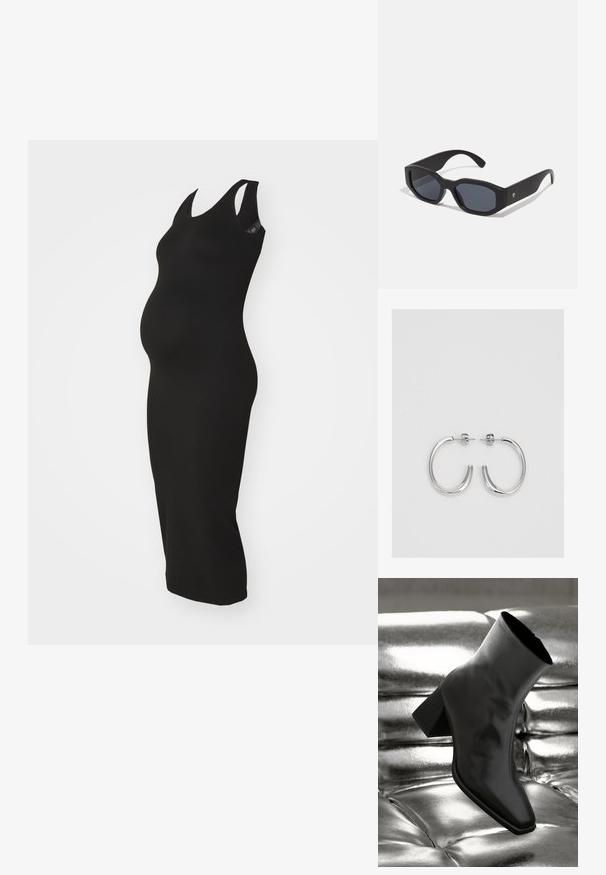 Juoda, be rankovių nėštumo suknelė, pagaminta iš elastingos medžiagos, pasižyminti kūno prigludusia siluetu, pritaikytu augančiai pilvui.; Juodos kulkšnies botai, pagaminti iš blizgaus medžiagos, su kvadratine padu ir siauru kulnu, prieš blizgiai sidabrinį pūsto audinio foną.; Juodos akiniai nuo saulės su stačiakampiais rėmeliais, matinio paviršiaus, tamsiais objektyvais ir šiek tiek lenktomis rankenėlėmis. Diskretiška logotipo detalė ant vienos rankenėlės.; Sidabrinės auskarai žiedai su lygiu, blizgiu paviršiumi. Suapvalinta forma, lengvas dizainas, su uždarymu ant smeigtuko.