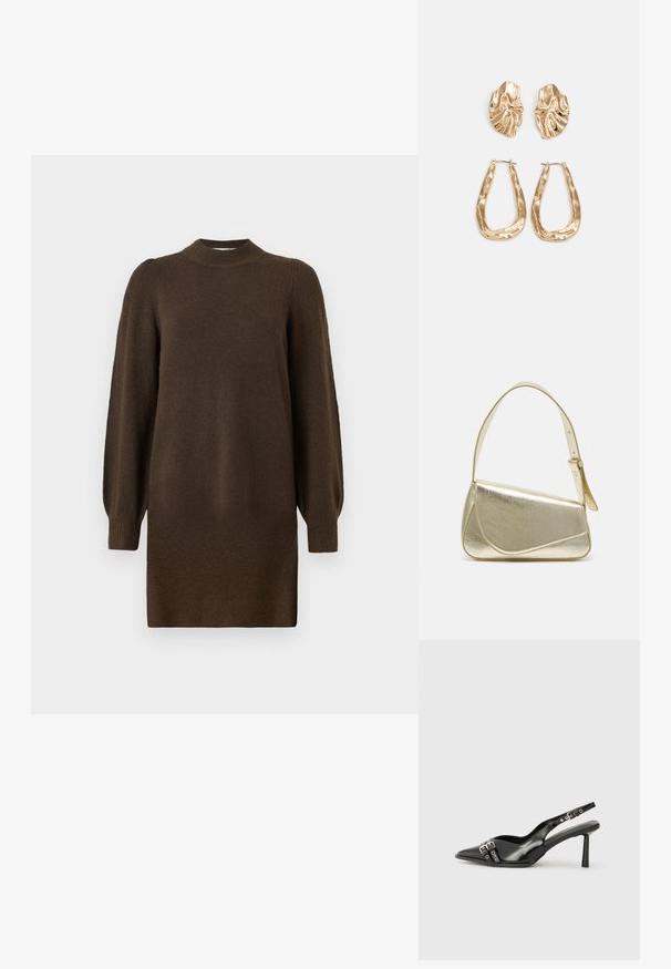 Langermet, mørkebrun strikket kjole med ribbestrikket høy hals, mansjetter og kant på hvit bakgrunn.; Sorte patentlær slingback-sko med spiss tå, ankelremmer med sølvspenner og detaljer, og en slank hæl.; Gullfarget metallisk håndveske med en strukturert design, glatt tekstur og justerbar stropp. Har en unik trekantet form og minimalistisk søm.; Gullfargede øredobber med teksturerte, bølgete former. Inkluderer skulpturelle klipsstuds og åpen hoop-design med en hamret finish.