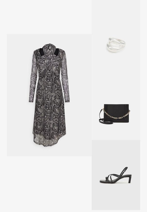 Langärmliges Kleid mit einem Schlangenmuster in Schwarz- und Grautönen. Besitzt einen schlichten Kragen und eine transparente Überlagerung für einen mehrschichtigen Look.; Schwarze Sandale mit Riemchen, quadratischer Zehenform und niedrigem Blockabsatz. Verfügt über mehrere dünne Riemen und einen verstellbaren Knöchelriemen. Hergestellt aus glattem Leder.; Schwarze Leder-Crossbody-Tasche mit glatter Textur, rechteckiger Form und metallic-kettendetail auf der Vorderseite. Verstellbarer Gurt inklusive.; Silberner Doppelring mit einer glatten, polierten Oberfläche. Verfügt über ein fließendes, kurviges Design mit überlappenden Abschnitten für einen modernen Look.