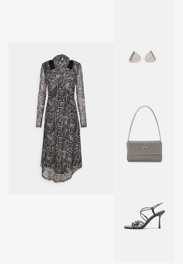 Pikakarvane kleit musta ja halli madu mustriga. Omab kõrget kaelust ja läbipaistvat katet kihilise efekti saavutamiseks.; Mustad musta värvi kontsandaalid on varustatud peente rihmadega, millel on sõlmekujundus, siledad ruudukujulised varbad ja stiilne stilettokonts.; Helehall metallik handbags, millel on kett, kaunistatud väikeste ümmarguste metallist õmblustega ja kolmnurkse brändi logoga.; Hõbedased metallkõrvarõngad sujuva pisarakuju ja poleeritud viimistlusega. Diskreetne graveering lisab detaile. Minimalistlik disain.