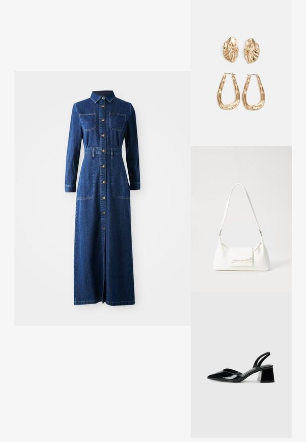 Farmer maxi ruha hosszú ujjal, hegyes gallérral, gombos elülső résszel, két mellzsebbel, megkötött derékkal és oldalsó hasítékokkal a kényelmes mozgás érdekében.; Fekete lakk bőr szandálkés magas sarkú cipő, hegyes orral és geometrikus tömbsarkakkal. Karcsú, minimalista dizájn és sima textúra jellemzi.; Fehér szintetikus kézitáska, háromszög alakú, lapos előlap, masni részlettel, állítható pánttal, sima textúrával és minimalista dizájnnal.; Aranyszínű fülbevalók, texturált, hullámos formákkal. Tartalmazza a szobrászati klipszes studokat és az open hoop kialakítást, kalapácsos felülettel.