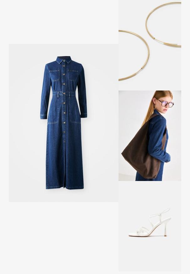 Robe maxi en jean avec des manches longues, un col pointu, une fermeture à boutons sur le devant, deux poches poitrine, une taille cintrée et des fentes latérales pour faciliter les mouvements.; Sandale à talons hauts blanche avec une base de orteil plate, devant texturé avec des accents froncés et une fine bride à la cheville.; Sac tote en cuir marron avec une texture douce, offrant un design spacieux et une seule sangle. Porté avec une veste en jean bleu.; Boucles d'oreilles en forme de créole dorées, fines et rondes, avec une finition métallique lisse et sans embellissements ni motifs.