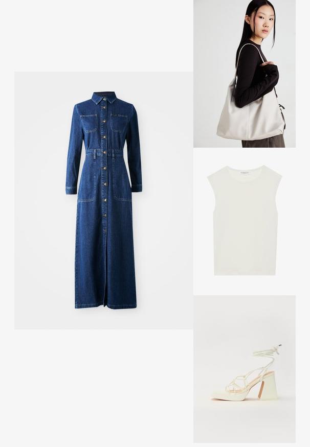 Vestido maxi de ganga com mangas longas, gola pontiaguda, frente com botões, dois bolsos no peito, cintura ajustada e fendas laterais para maior liberdade de movimento.; Top branco sem mangas com decote redondo. Feito de um tecido liso, apresenta um corte descontraído e um design minimalista. Sem padrões ou detalhes.; Sandálias brancas de salto alto com um salto robusto, apresentando um design com tiras e amarração no tornozelo. Textura suave com uma plataforma na frente para altura adicional.; Uma bolsa bege feita de material macio, com um design descontraído, detalhes de costura e duas alças para o ombro. Adequada para uso diário.