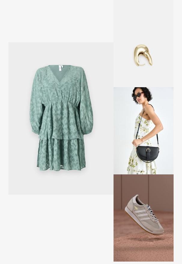 Grünes, schichtweise gestaltetes Kleid mit V-Ausschnitt, langen Puffärmel und floralen Texturen. Verfügt über eine Taillenbetonung und einen fließenden, gestuften Rock.; Beige Sneaker mit Obermaterial aus Wildleder und Mesh, weißen drei Streifen, brauner Gummisohle, blauen Schnürsenkeln und goldenem Akzentlogo. Klassisches Retro-Design.; Schwarze Lederhandtasche mit geschwungener Form, abnehmbarem Tragegurt und goldenen Beschlägen. Die Tasche verfügt über einen Deckel mit einer Schnallen-Details.; Ohrringe aus goldfarbenem Metall mit einem schlanken, geschwungenen Design. Sie verfügen über eine markante, spitze Form, eine polierte Oberfläche und einen Scharnierverschluss.