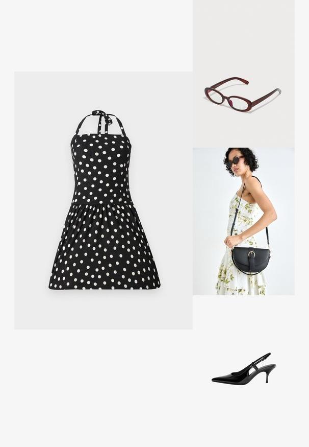 Črna obleka z halter izrezom z belimi pikami, plisirana krila in zavezovanje na vratu. Tkanina se zdi teksturirana in lahka.; Črne patentne usnjene slingback čevlje s koničastim nosom, odprtimi stranskimi izrezi, ozkim petam in nastavljivim gležnjava.; Ovalno oblikovani rdeči sončna očala s prozornimi lečami in elegantnimi rjavimi okvirji. Oblikovanje vključuje subtilne krivulje in minimalno opremo.; Črna usnjena torbica s ukrivljeno obliko, z odstranljivo naramnico in zlatimi dodatki. Torbica ima pokrov s podrobnostmi v obliki zaponke.