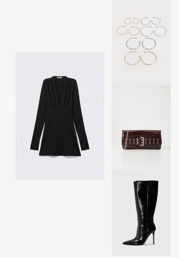 Melnas garām piedurknēm kleita ar dziļu V veida izgriezumu un volāniem pie krūšu daļas. Izgatavota no elastīga auduma, pieguloša silueta ar izvērstu apakšu.; Melnas ādas zābaki līdz ceļiem ar smailu purngali un augstu stiletto papēdi. Gluda tekstūra un elegants dizains, ar minimālu dekoru.; Burgundijas mākslīgās ādas sajūgs ar sudraba ķēdes siksnu, piedāvājot sprādzes dizainu un metāla acis priekšpusē papildu detaļām.; Divpadsmit auskaru komplekts ar riņķiem sudraba un zelta tonī. Ietver vītņotus, gludus un teksturētus dizainus ar dažādiem izmēriem un apdares veidiem.