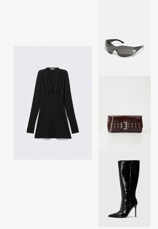 Čierne dlhé šaty s dlhým rukávom, hlbokým výstrihom do V a zdobením nazbieraným na hrudníku. Vyrobené z elastickej látky, priliehavý strih s rozšíreným spodným lemom.; Čierne kožené čižmy po kolená s špicatou špičkou a vysokým stiletto podpätkom. Hladká textúra a elegantný dizajn s minimálnymi detailmi.; Čierne slnečné okuliare s obopínajúcim dizajnom, tmavými sklíčkami, lesklými hviezdicovými akcentmi a nastaviteľnými nosovými podložkami.; Bordový faux kožený clutch s strieborným reťazovým popruhom, s dizajnom s prackou a kovovými očkami pre ďalšie detaily na prednej strane.; Sada dvanástich kruhových náušníc v striebornej a zlatej farbe. Obsahuje skrútené, hladké a textúrované vzory v rôznych veľkostiach a povrchových úpravách.