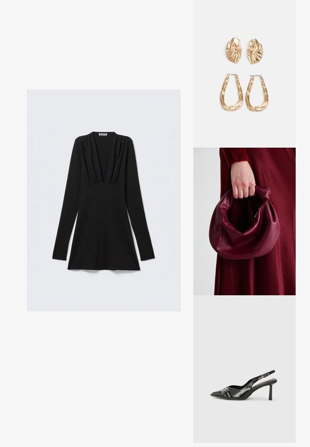 Fekete, hosszú ujjú ruha mély V-nyakkivágással és a mellrésznél gyűrt részletekkel. Rugalmas anyagból készült, testhez álló fazon, bővülő szegéllyel.; Fekete lakk bőr, hegyes orrú slingback cipő, boka pántokkal, ezüst csatokkal és hardverelemekkel, valamint karcsú sarkú.; Burgundi bőrtáska puhán ráncolt dizájnnal és kerek alakban. A fogantyú rögzítve van, sima textúrával rendelkezik.; Aranyszínű fülbevalók, texturált, hullámos formákkal. Tartalmazza a szobrászati klipszes studokat és az open hoop kialakítást, kalapácsos felülettel.