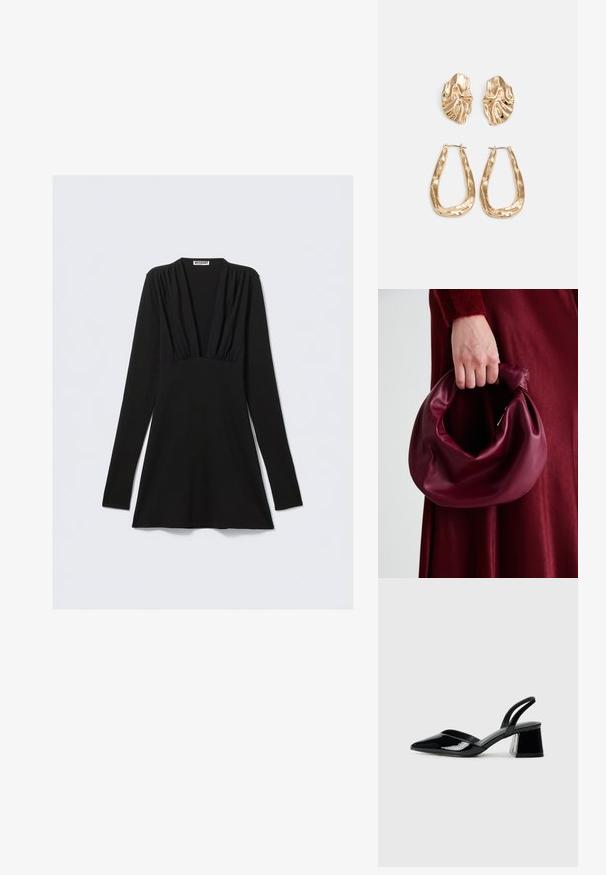 Melnas garām piedurknēm kleita ar dziļu V veida izgriezumu un volāniem pie krūšu daļas. Izgatavota no elastīga auduma, pieguloša silueta ar izvērstu apakšu.; Melna lakota āda ar atvērto papēdi, ar smailu purngalu un ģeometrisku blokpapēdi. Iezīmējas elegants, minimāls dizains un gluda tekstūra.; Burgundijas ādas rokassoma ar mīkstu, sakrautu dizainu un apaļu formu. Rokturi ir nostiprināti, parādot gludu tekstūru.; Zelta krāsas auskari ar teksturētām, viļņotām formām. Iekļauts skulpturāls piespraužams modelis un atvērta gredzenveida konstrukcija ar izsistām virsmām.