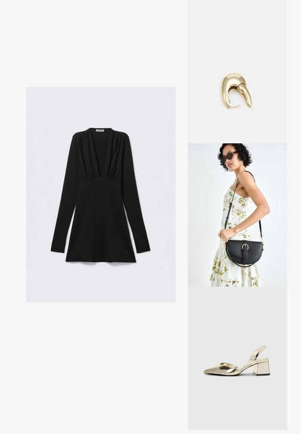 Černé šaty s dlouhým rukávem, hlubokým výstřihem do V a nařasenými detaily na prsou. Vyrobené z elastické látky, přiléhavý střih s vykrojeným rozšířeným lemem.; Kovové zlaté pantofle na podpatku s špičatou špičkou a masivním podpatkem. Hladký povrch, minimalisticý design a úzký pásek.; Černá kožená kabelka s křivkovým tvarem, odnímatelným popruhem a zlatými detaily. Kabelka má klopu s přezkou.; Náušnice ve zlatém tónu z kovu s elegantním zakřiveným designem. Vyznačují se jedinečným špičatým tvarem, lesklým povrchem a závěsem na kloub.