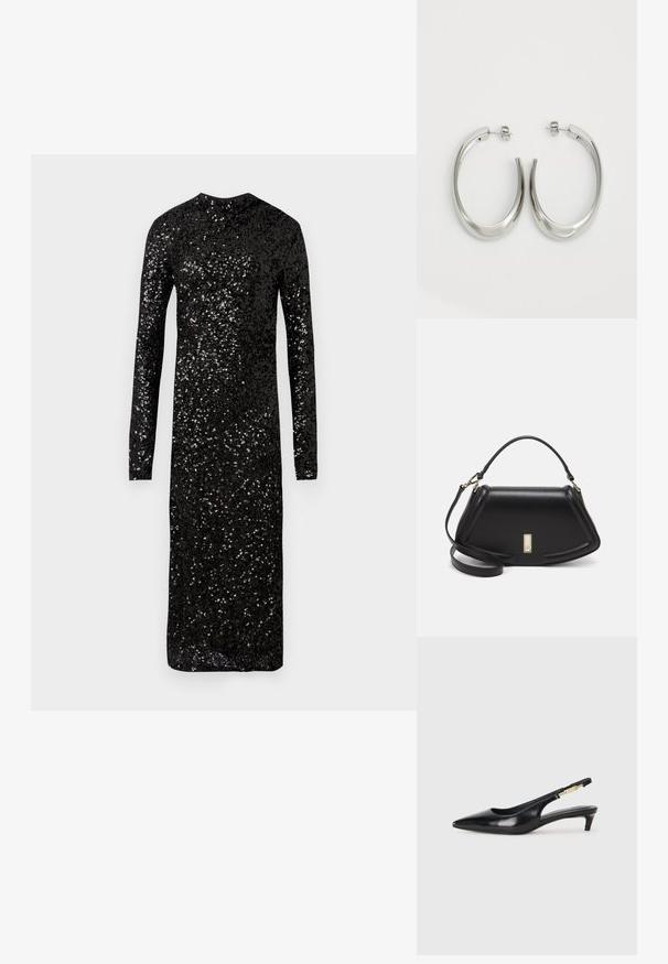 Robe noire à manches longues en tissu brillant en sequins. Dotée d'un col haut et d'une silhouette ajustée descendant jusqu'au mollet.; Talons hauts en cuir noir avec un bout pointu, dotés d'un talon fin et d'un accent en ton or sur la lanière réglable. Texture lisse.; Sac à main en cuir noir avec un design structuré, featuring une forme cropped, une poignée supérieure et des accents en matériel doré. Bandoulière réglable incluse.; Boucles d'oreilles en argent avec un design lisse et courbé. Présentent une finition métallique brillante et une fermeture à clou. Pas de motifs ou d'accents visibles.